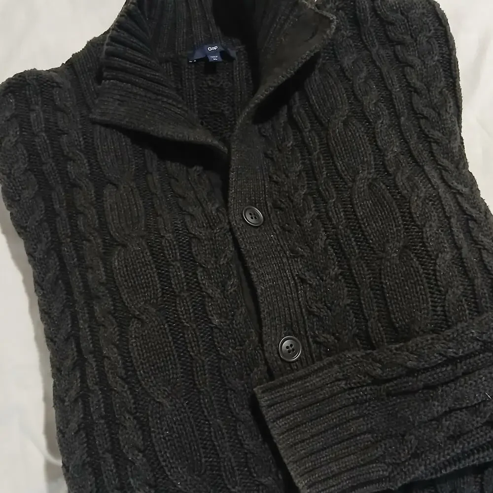 Gap XL Men's Cable-Knit Dark Grey Button-Up Cardigan 100% Cotton Striped-Sleeve